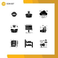 Mobile Interface Solid Glyph Set of 9 Pictograms of jewelry gem solution diamond prediction Editable Vector Design Elements