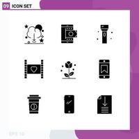 9 Universal Solid Glyphs Set for Web and Mobile Applications honeymoon film shopping technology flashlight Editable Vector Design Elements