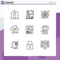 Set of 9 Vector Outlines on Grid for file data global infrastructure connect cloud Editable Vector Design Elements