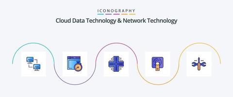 la tecnología de datos en la nube y la línea de tecnología de red llenaron el paquete de iconos planos 5 que incluye la nube. toque de dedo. informática. tuch servidor vector