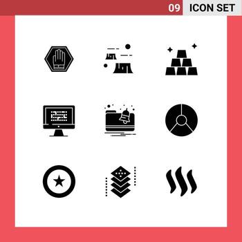 User Interface Pack of 9 Basic Solid Glyphs of information ddos destruction data money Editable Vector Design Elements