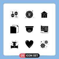 9 User Interface Solid Glyph Pack of modern Signs and Symbols of planning camera hose file document Editable Vector Design Elements