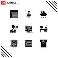 Set of 9 Vector Solid Glyphs on Grid for dollar work heart man night Editable Vector Design Elements