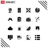 Group of 16 Modern Solid Glyphs Set for movember moustache enlarge growth budget Editable Vector Design Elements