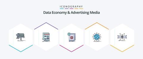 economía de datos y medios publicitarios paquete de iconos de 25 líneas completas que incluye flecha. globo. medios de comunicación. alerta. infraestructura vector