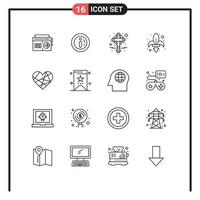 Mobile Interface Outline Set of 16 Pictograms of heart sword cross mardi game Editable Vector Design Elements