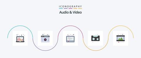 paquete de iconos de 5 planos de audio y video que incluye video. jugar. medios de comunicación. cinta de casete. cinta de audio vector