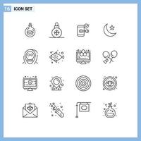 Outline Pack of 16 Universal Symbols of night night key moon phone Editable Vector Design Elements