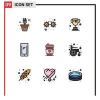 interfaz móvil línea de relleno conjunto de colores planos de 9 pictogramas de bebida iphone en línea android teléfono inteligente elementos de diseño vectorial editables vector