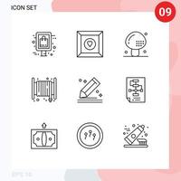 Set of 9 Vector Outlines on Grid for draw hose drinks fire alarm Editable Vector Design Elements