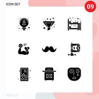 Set of 9 Modern UI Icons Symbols Signs for male hipster furniture moustache heart Editable Vector Design Elements