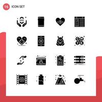 Modern Set of 16 Solid Glyphs Pictograph of heart page samsung computer love Editable Vector Design Elements