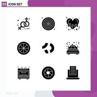 Pack of 9 Modern Solid Glyphs Signs and Symbols for Web Print Media such as crypto game credits heart vegetable fruit Editable Vector Design Elements