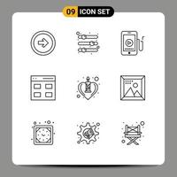 Pack of 9 creative Outlines of user grid preference communication cell Editable Vector Design Elements