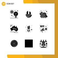 Set of 9 Commercial Solid Glyphs pack for vacation country spring map spacecraft Editable Vector Design Elements