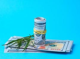 banknotes of american dollars and green leaf of hemp on a blue background photo