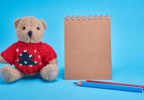 blank brown spiral notepad with brown pages, pencils and a little brown teddy bear photo