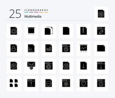 paquete de iconos multimedia de 25 glifos sólidos que incluye edición. cremallera. duplicar. documento. página vector