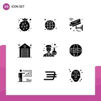 9 User Interface Solid Glyph Pack of modern Signs and Symbols of scientist office camera estate wifi Editable Vector Design Elements