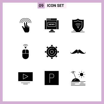 9 User Interface Solid Glyph Pack of modern Signs and Symbols of media wireless internet mouse apple Editable Vector Design Elements