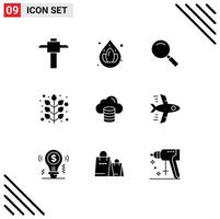 Modern Set of 9 Solid Glyphs and symbols such as airplane money search computing plant Editable Vector Design Elements