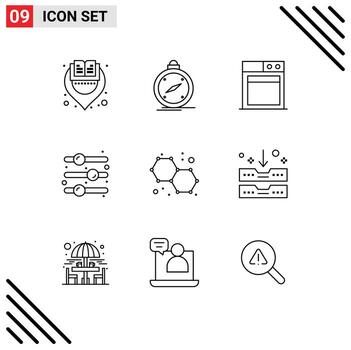 Pack of 9 Modern Outlines Signs and Symbols for Web Print Media such as molecule atoms location toggle switch off Editable Vector Design Elements