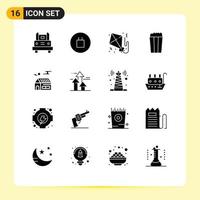 Mobile Interface Solid Glyph Set of 16 Pictograms of sun home kite food pop Editable Vector Design Elements