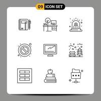 Pictogram Set of 9 Simple Outlines of stop siren desk danger alarm Editable Vector Design Elements