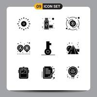 Pack of 9 Modern Solid Glyphs Signs and Symbols for Web Print Media such as lock ride dollar route destination Editable Vector Design Elements