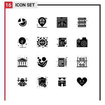 paquete de interfaz de usuario de 16 glifos sólidos básicos de servidores agrícolas base de datos inmobiliaria sitio web elementos de diseño vectorial editables vector