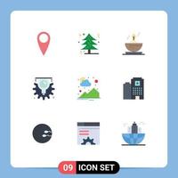 9 User Interface Flat Color Pack of modern Signs and Symbols of hospital sun candle in bowl mountain process Editable Vector Design Elements