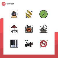 Modern Set of 9 Filledline Flat Colors and symbols such as date table check furniture diner Editable Vector Design Elements