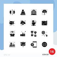 Pack of 16 Modern Solid Glyphs Signs and Symbols for Web Print Media such as instrument drum building tree fall Editable Vector Design Elements