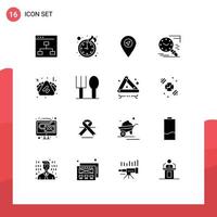 Pack of 16 Modern Solid Glyphs Signs and Symbols for Web Print Media such as food schedule location history magnifier Editable Vector Design Elements