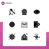 Set of 9 Vector Solid Glyphs on Grid for water pool eye sports shooting Editable Vector Design Elements