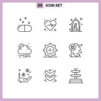 Pack of 9 Modern Outlines Signs and Symbols for Web Print Media such as technology gadget pray devices sun Editable Vector Design Elements