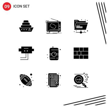 conjunto moderno de 9 pictogramas de glifos sólidos de elementos de diseño vectorial editables de la cámara de seguridad de la carpeta de bebidas vector