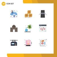 Mobile Interface Flat Color Set of 9 Pictograms of hut home box building grid Editable Vector Design Elements