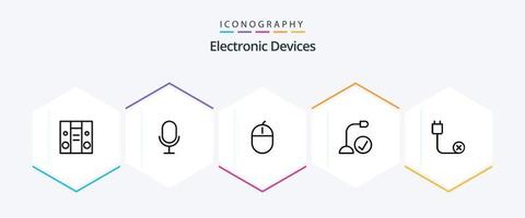 Paquete de iconos de 25 líneas de dispositivos que incluye cable. hardware. artilugio. artilugio. conectado vector