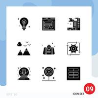 Pictogram Set of 9 Simple Solid Glyphs of scenery mountains password pollution city Editable Vector Design Elements