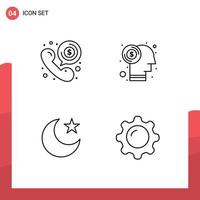 Group of 4 Modern Filledline Flat Colors Set for call moon phone currency night Editable Vector Design Elements