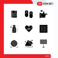 9 User Interface Solid Glyph Pack of modern Signs and Symbols of heart sugar holiday serve like Editable Vector Design Elements
