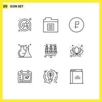 Modern Set of 9 Outlines and symbols such as candle dinner test coin tube flask Editable Vector Design Elements