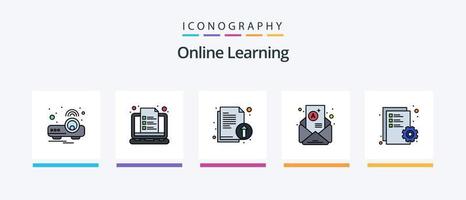 la línea de aprendizaje en línea llenó el paquete de 5 iconos, incluida la educación. proyector. aprobar. presentación. archivo. diseño de iconos creativos vector