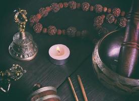 Tibetan religious objects for meditation and alternative medicine photo