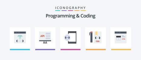 Programming And Coding Flat 5 Icon Pack Including css. code. develop. device. develop. Creative Icons Design vector