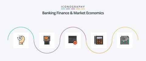 la línea de finanzas bancarias y economía de mercado llenó el paquete de iconos planos 5 que incluye el calendario. aprobado. dinero en efectivo. cronograma. máquina vector