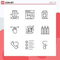 Mobile Interface Outline Set of 9 Pictograms of transformation currency exchange movie currency mobile Editable Vector Design Elements