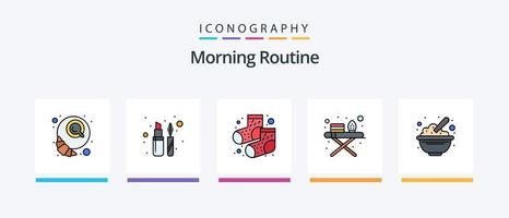 la línea de rutina matutina llenó el paquete de 5 iconos, incluida la marca. Lista de Verificación. loción. controlar. taza. diseño de iconos creativos vector