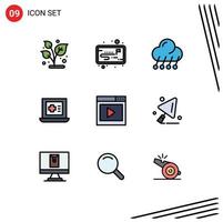 Set of 9 Commercial Filledline Flat Colors pack for media interface cloud medicine laptop Editable Vector Design Elements